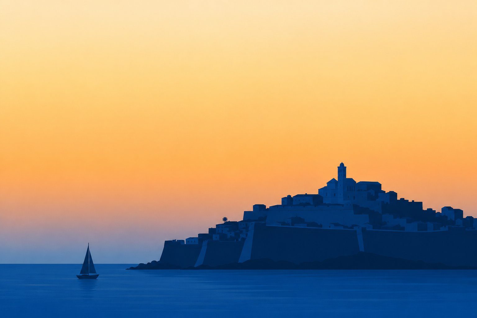 Golden hour over Ibiza, with the old town walls above a calm bay and the Mediterranean beyond.